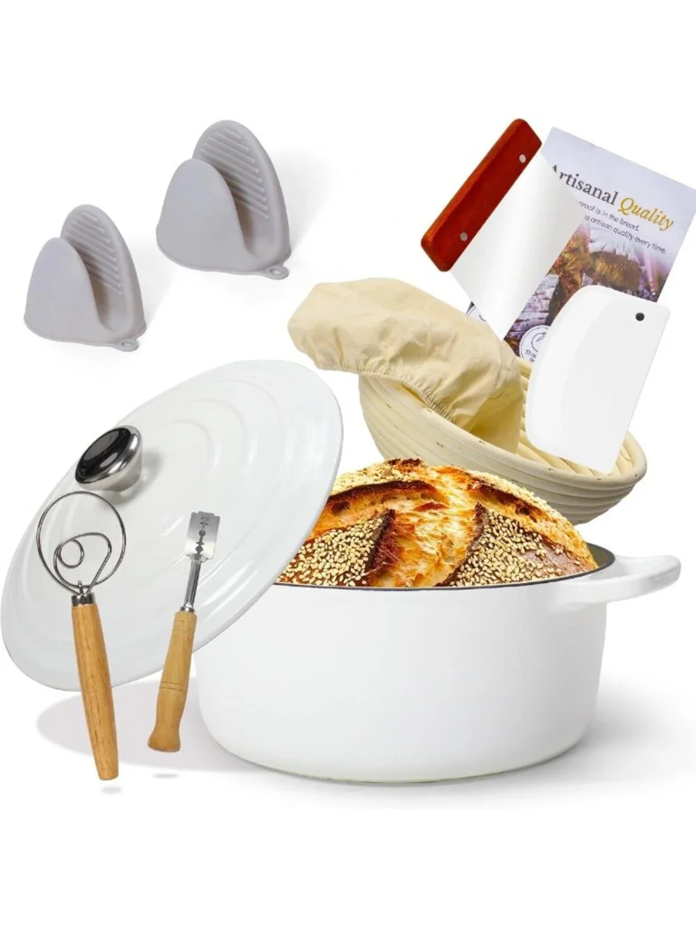 5QT Enameled Cast Iron Dutch Oven & Sourdough Baking Set with Proofing Basket